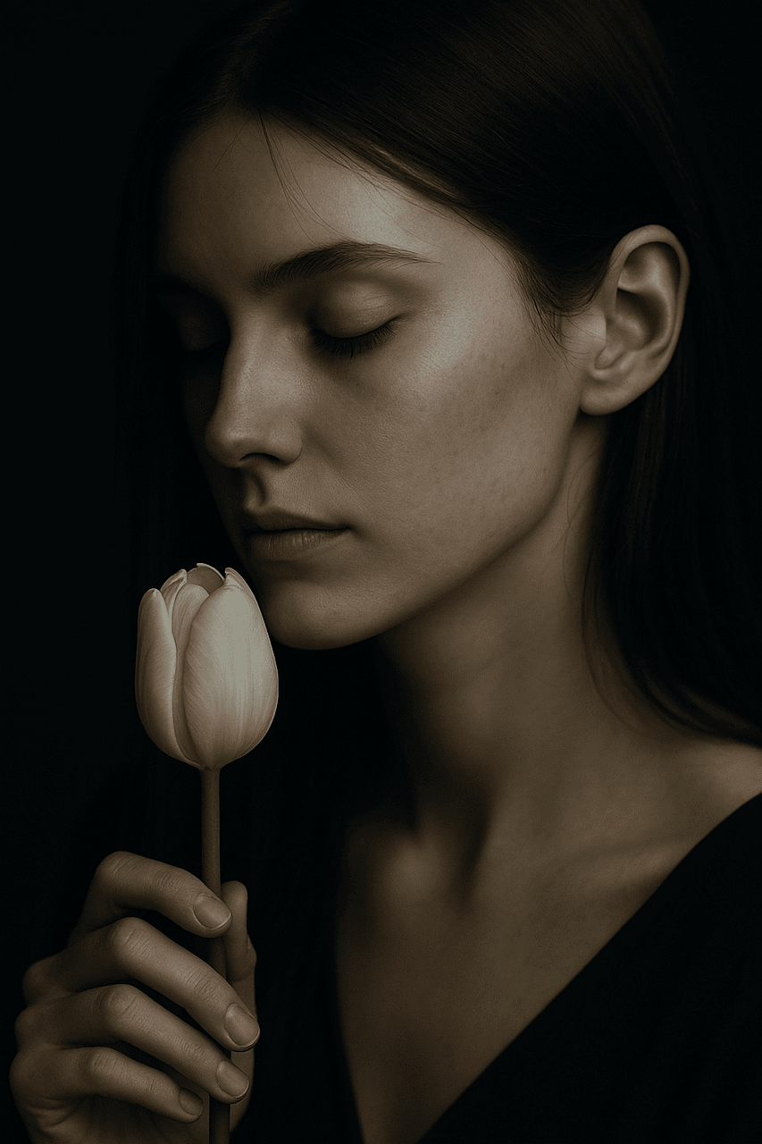 אישה מסתכלת על פרח לבן - קהות רגשית ואובדן היכולת להרגיש