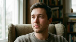 גבר צעיר יושב בכורסא ומביט בחלון בעיניים דומעות - תחושת אבל ואובדן