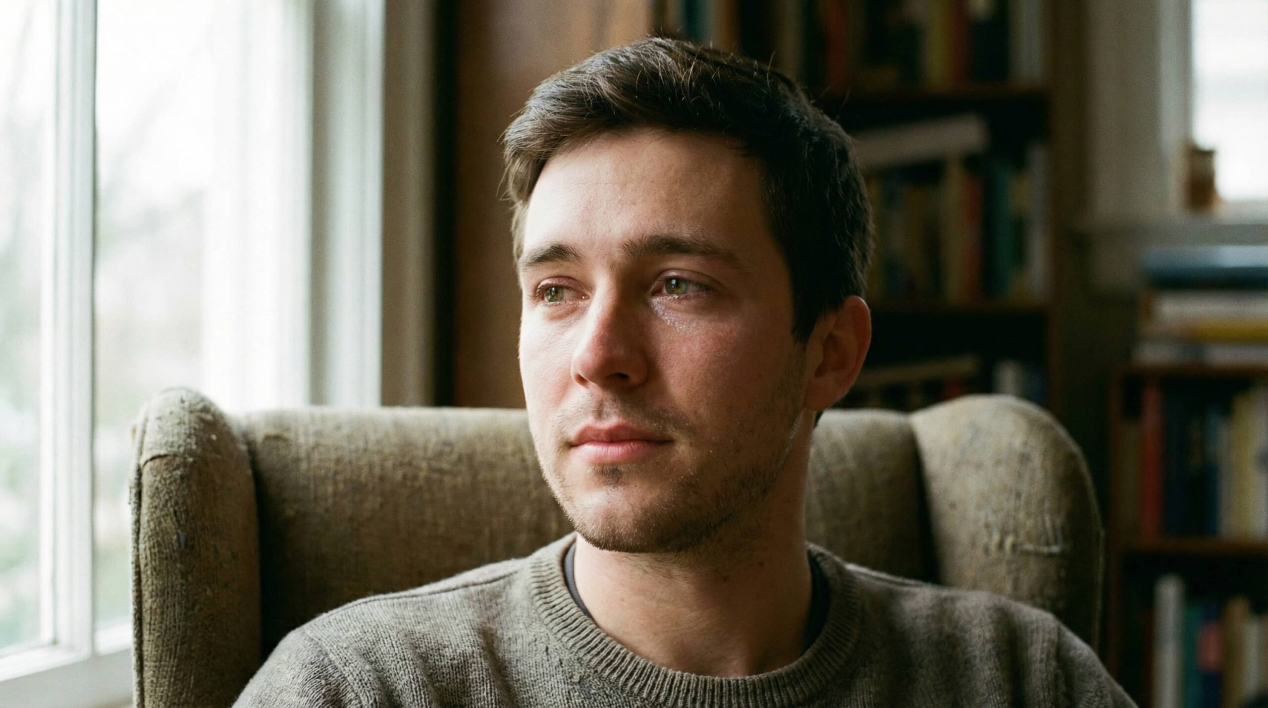 גבר צעיר יושב בכורסא ומביט בחלון בעיניים דומעות - תחושת אבל ואובדן